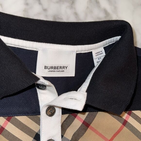 Burberry Kids Polo in Navy and Tan Check 4Y - Picture 3 of 6